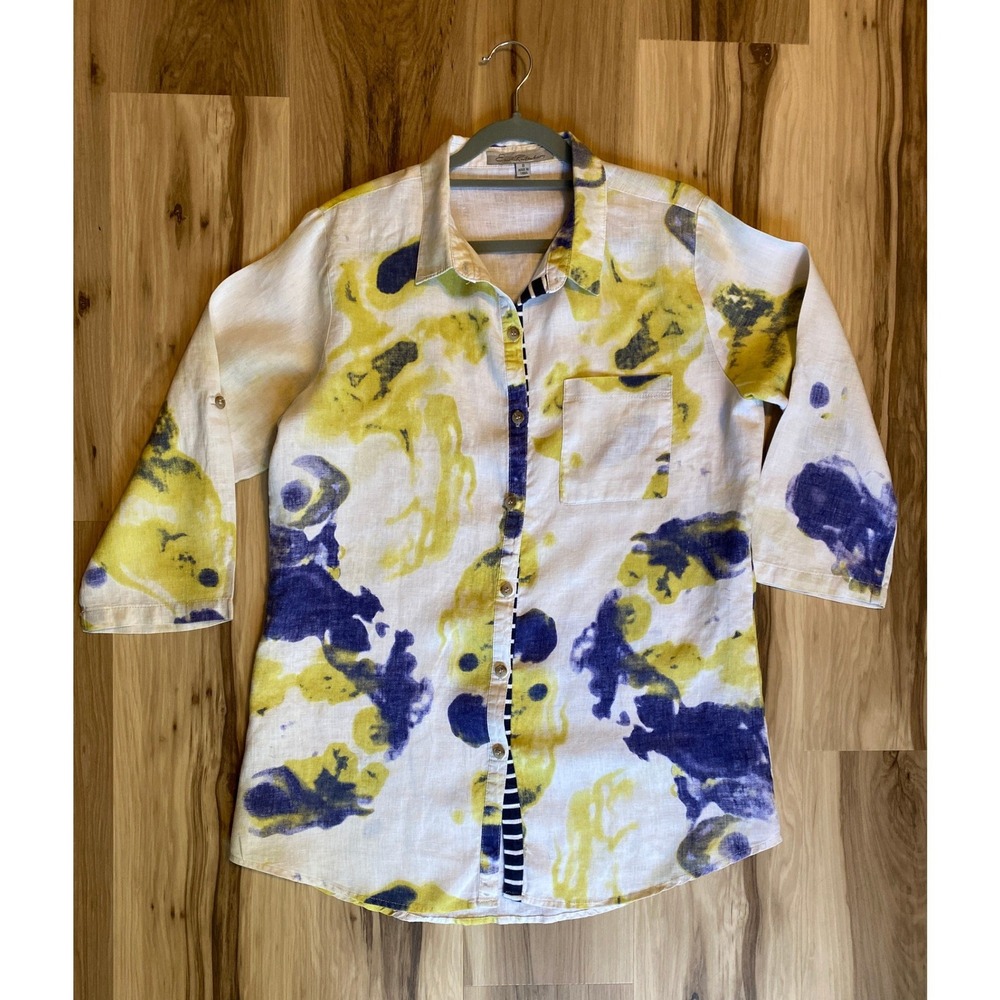 Earl Rutenberg Womens 100% Linen Abstract Watercolor Button Up Shirt Blouse 8